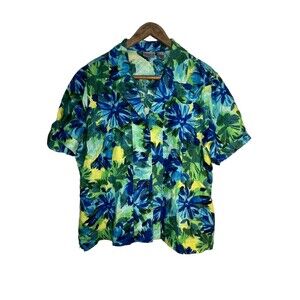 Chicos Botanical 100% Linen Button Up Blouse Top sz 3 / 16 XL (15)